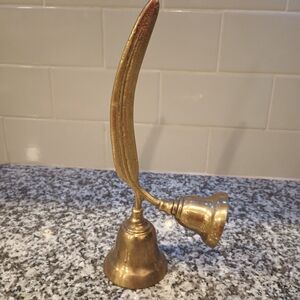 Double Brass Bell w Feather handle. Vintage England. 9”H.
